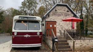 Ball Ground Burger Bus - front of restaurant and the red and white Burger Bus